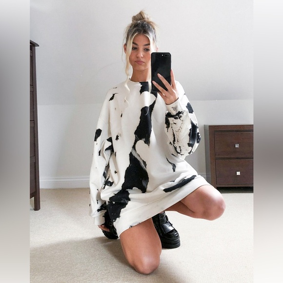Weekday Black + White Tie Dye Sweatshirt Dress - Picture 1 of 5